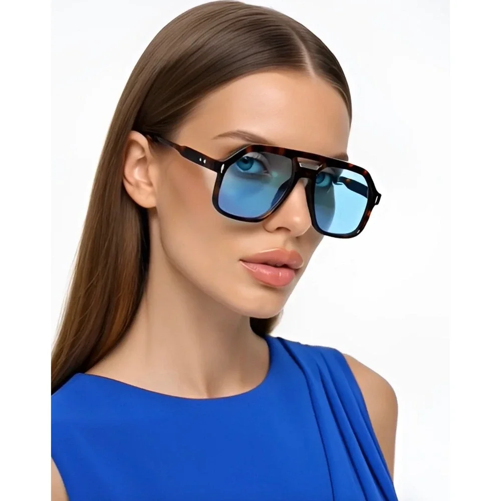 Women Tortoise Shell Elegant Fancy Sunglasses Blue Tint Lens Square Retro 70s 80